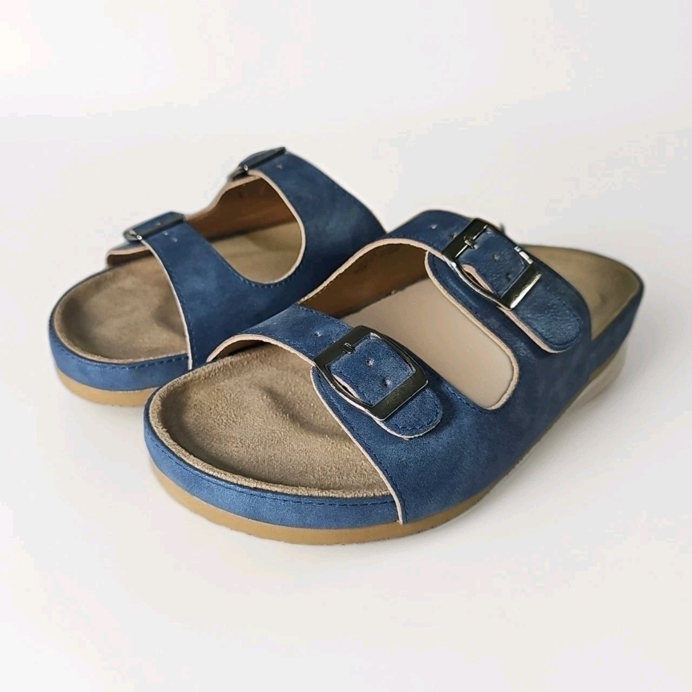Comfortview‎ Slide Sandals Womens 8w Blue Double Strap Adjustable Buckle Flat - Picture 3 of 9